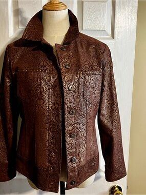 In Suede Wms Y2K Brown Gold Metallic Paisley Studded Trucker Boho Leather JKT M